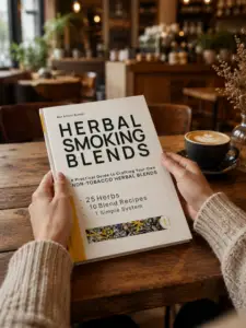 Herbal Smoking Blends book by Max and Ewan Burnett held open in a coffee shop — HERB25 Collection
