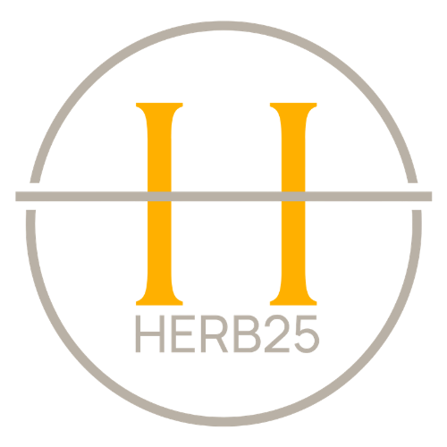 Herb25 Collection logo featuring a double H monogram in amber gold with a grey circular frame and HERB25 wordmark
