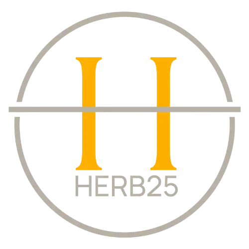 Herb25 Collection logo featuring a double H monogram in amber gold with a grey circular frame and HERB25 wordmark